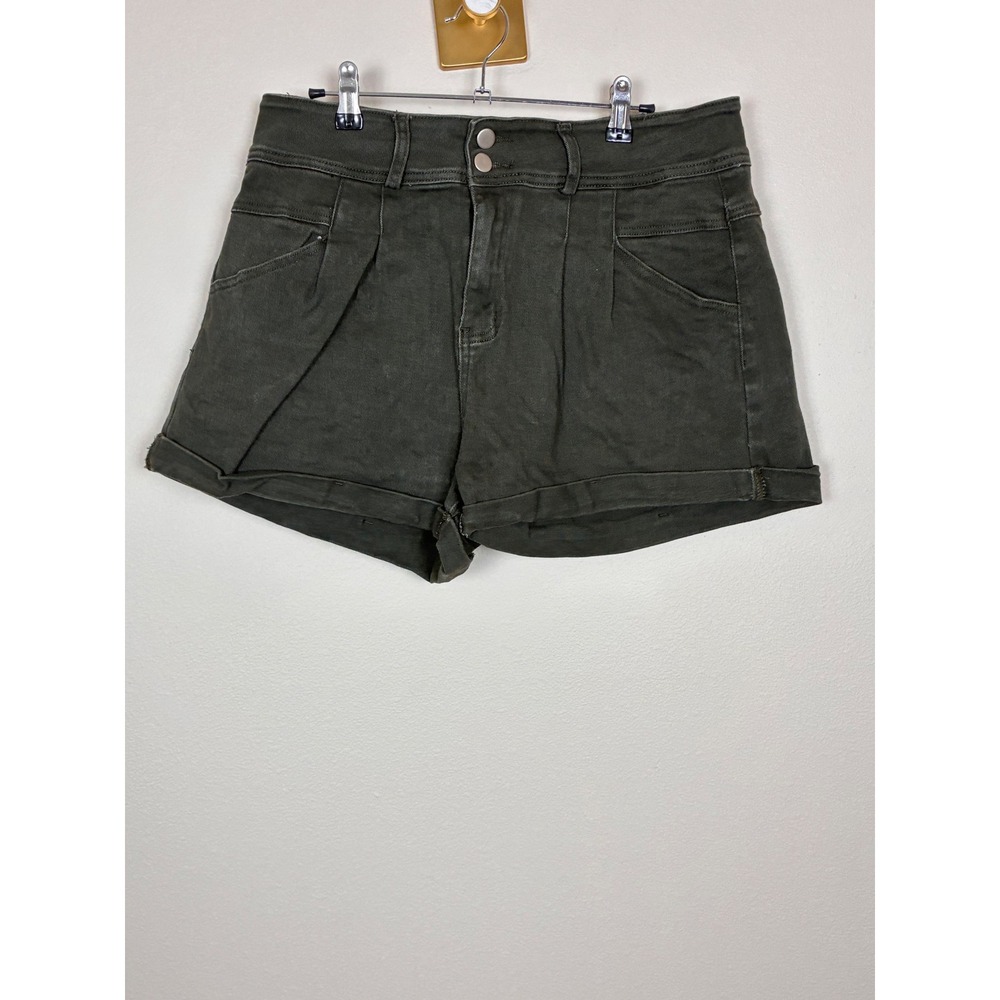 Hilltichu Olive Green Cuffed Denim Shorts Womens XL Pleated Front Utility Style